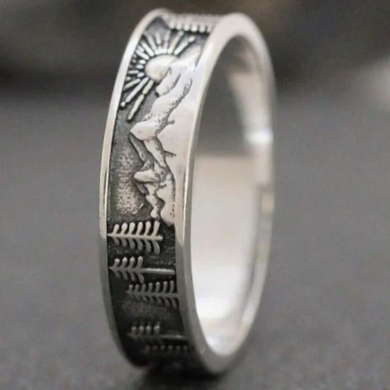 Geometric Sun Mountain Retro Alloy Silver Ring — image 4