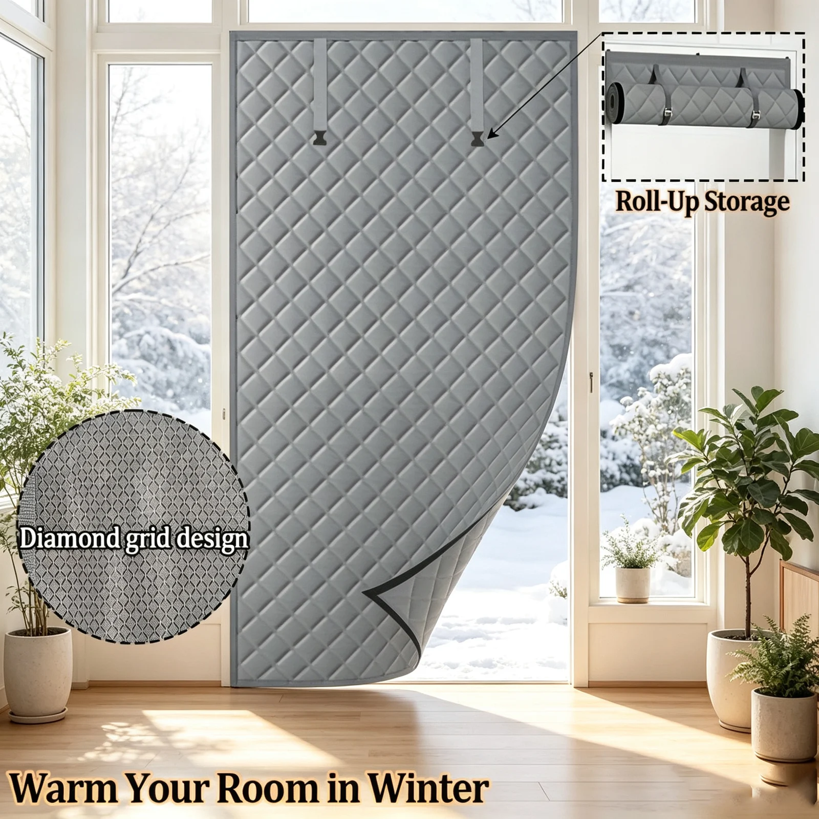 Grey Diamond Grid Quilted Thick Cotton Thermal Insulated Door Curtain, Wind Sound Dust… — image 11