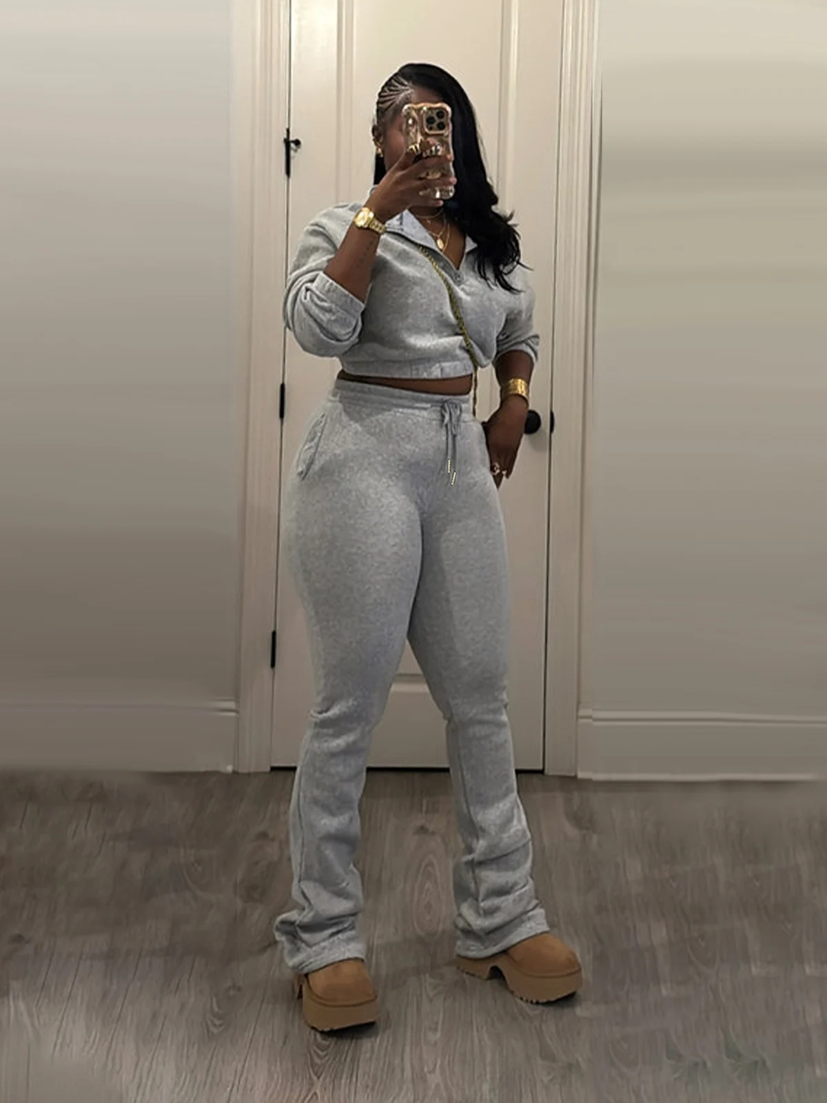 Half-high-neck Waist-tightening Fleece Sweatshirt With Drawstring Pants Sports Set — image 8