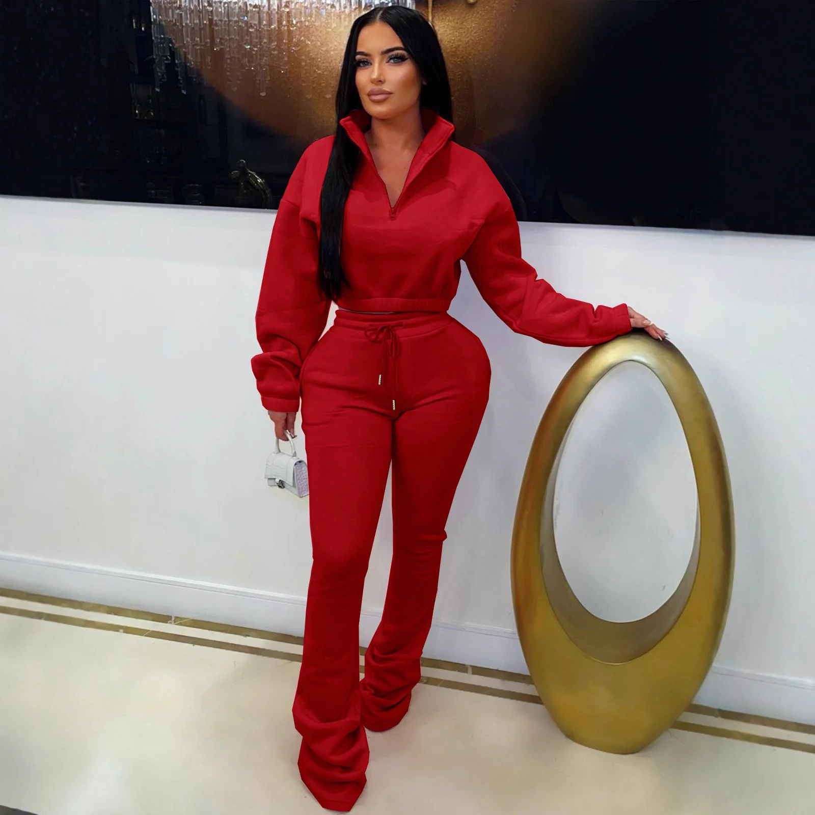 Half-high-neck Waist-tightening Fleece Sweatshirt With Drawstring Pants Sports Set — image 5