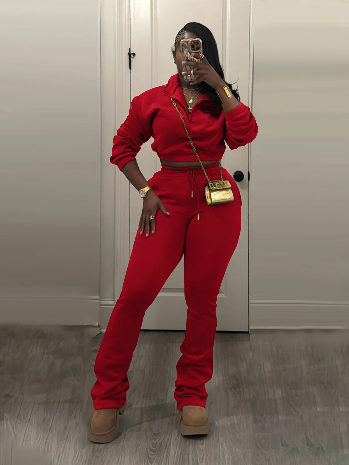 Half-high-neck Waist-tightening Fleece Sweatshirt With Drawstring Pants Sports Set — image 7