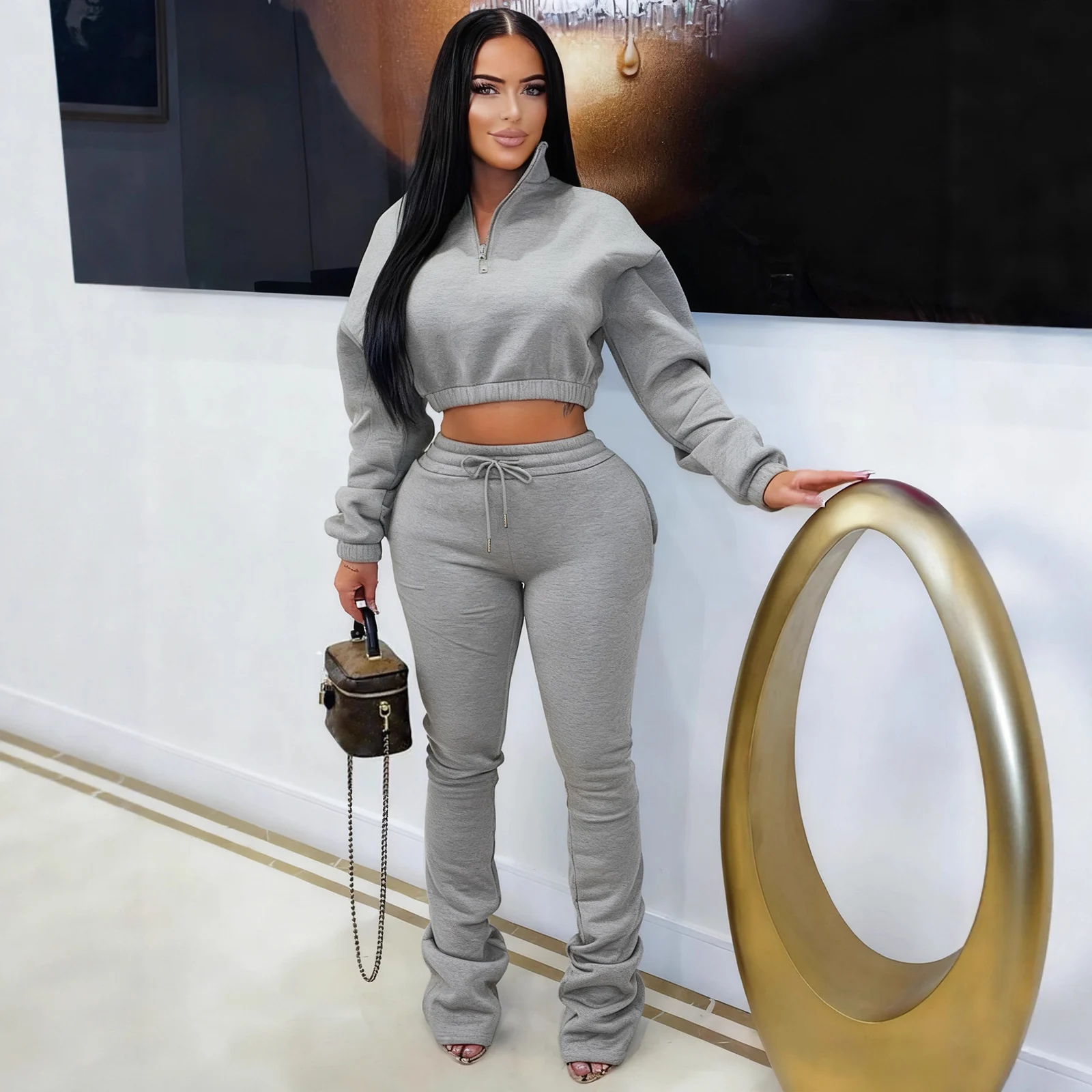 Half-high-neck Waist-tightening Fleece Sweatshirt With Drawstring Pants Sports Set — image 3