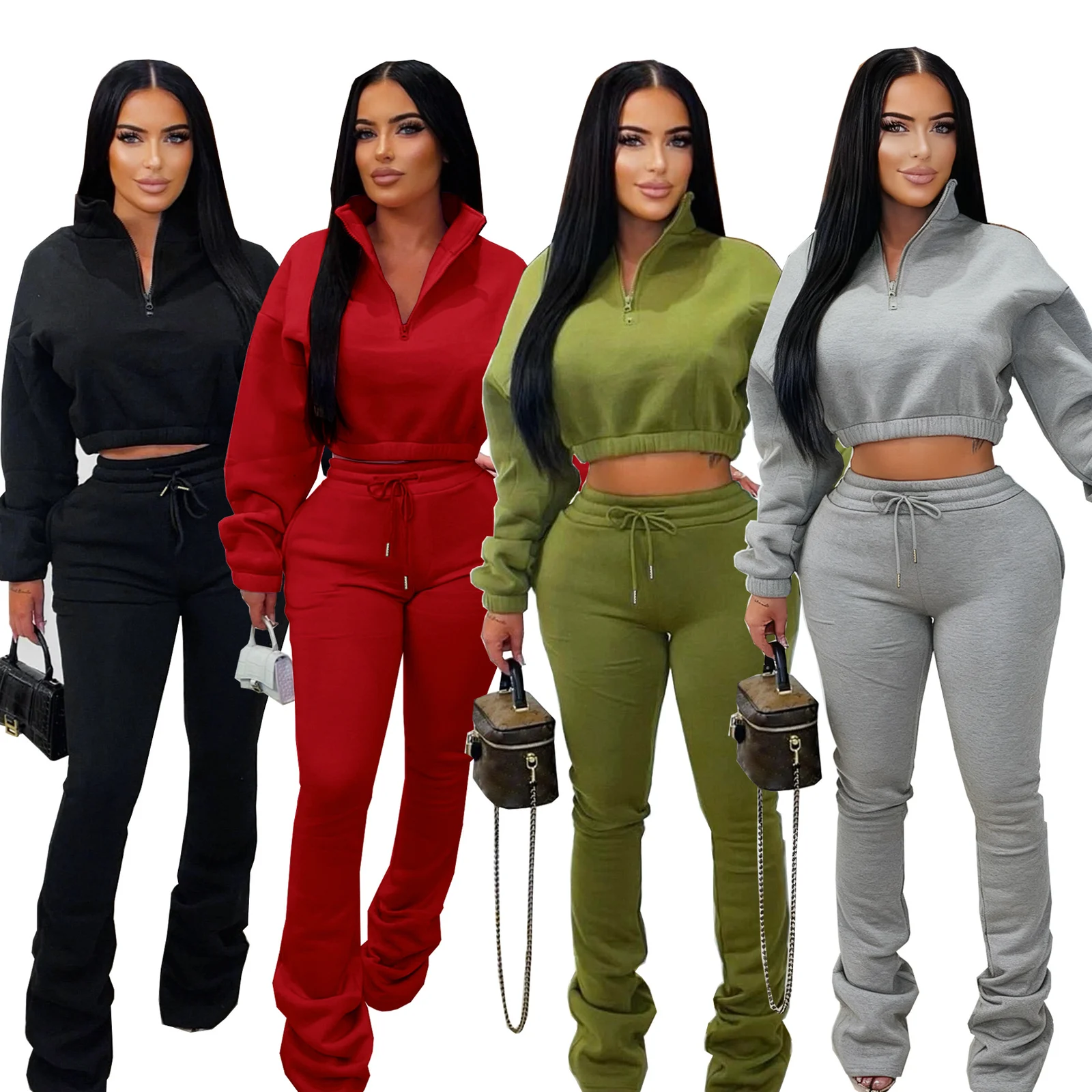 Half-high-neck Waist-tightening Fleece Sweatshirt With Drawstring Pants Sports Set — image 6