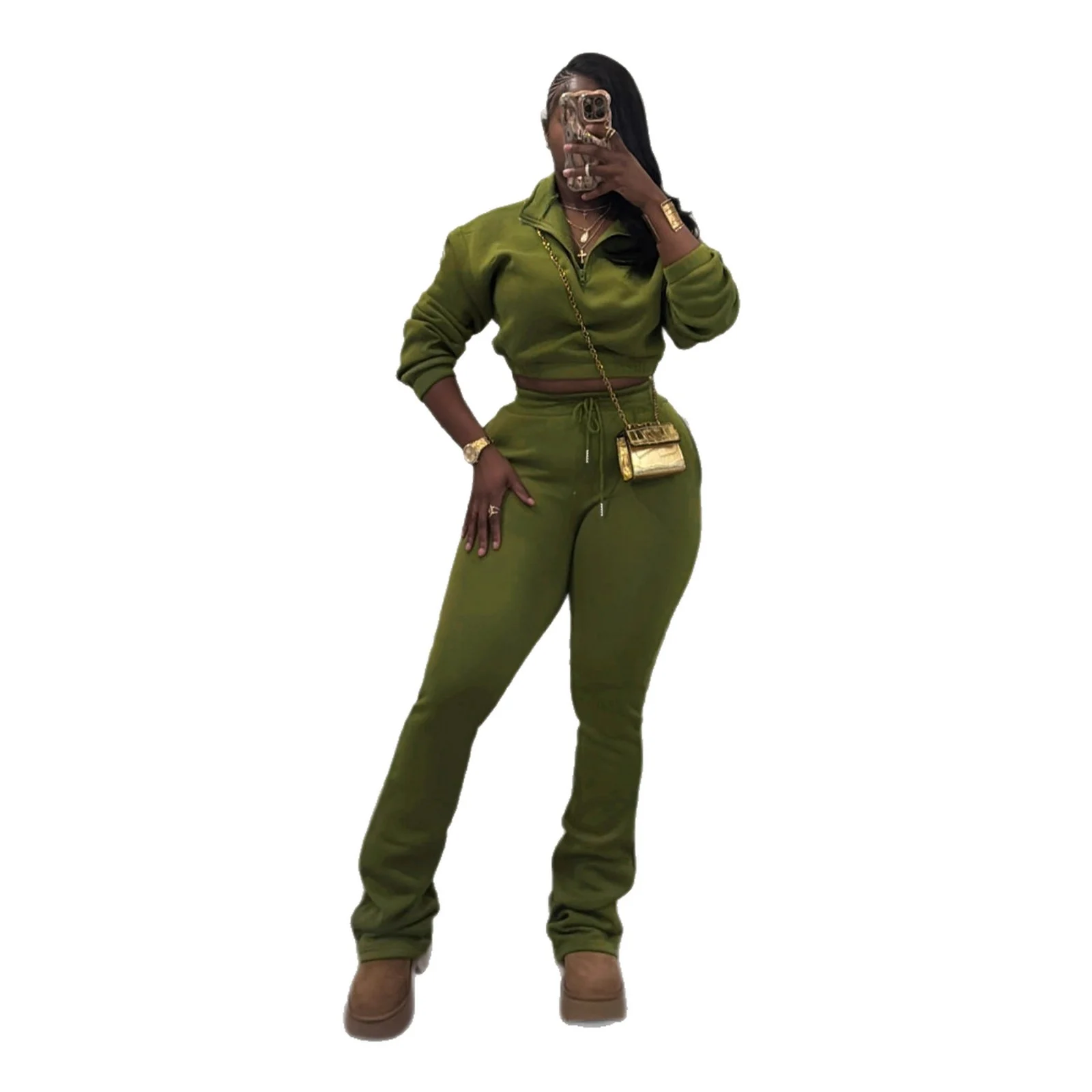Half-high-neck Waist-tightening Fleece Sweatshirt With Drawstring Pants Sports Set — image 4