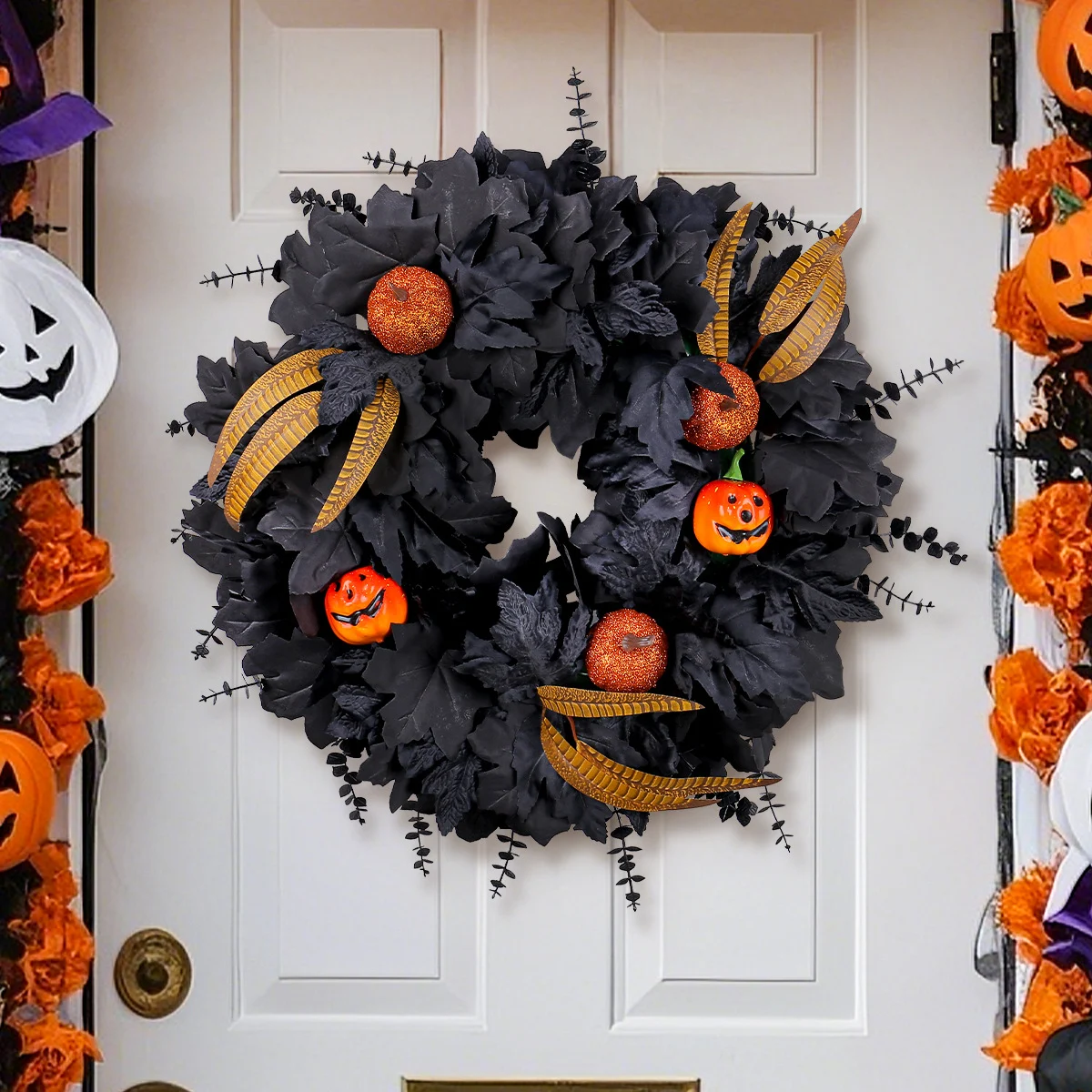 Halloween Black Maple Leaf Wreath Door Hanging Ghost Festival Party Simulation Pumpkin… — image 4