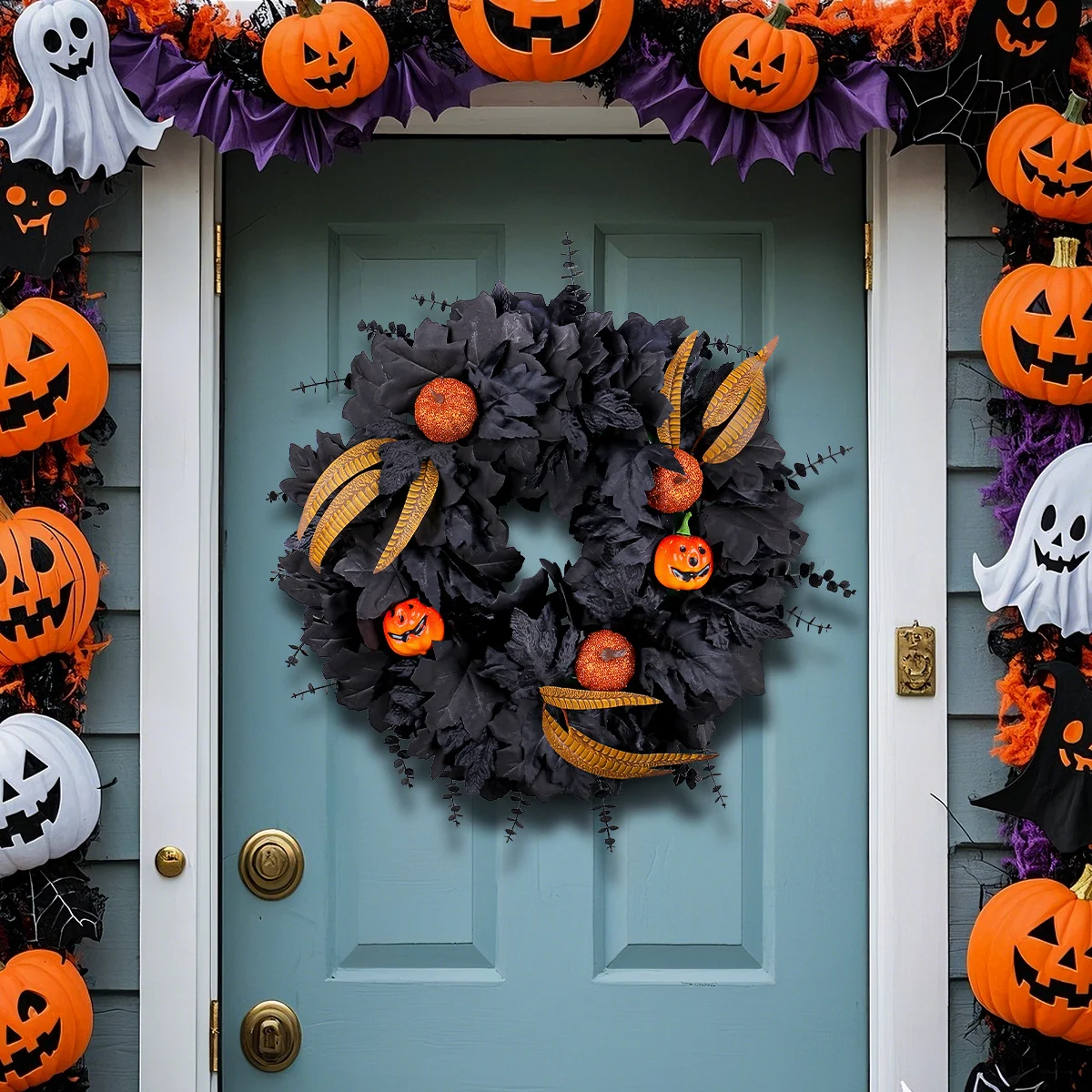 Halloween Black Maple Leaf Wreath Door Hanging Ghost Festival Party Simulation Pumpkin… — image 6