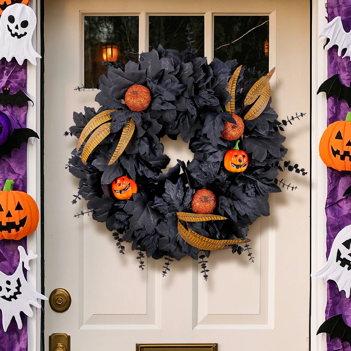 Halloween Black Maple Leaf Wreath Door Hanging Ghost Festival Party Simulation Pumpkin… — image 5