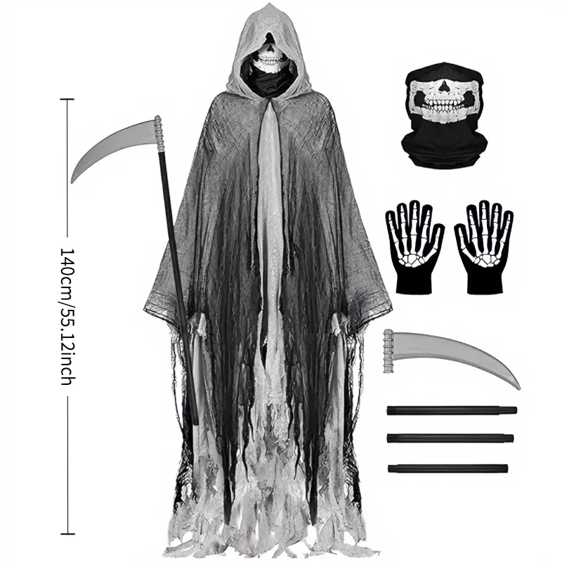 Halloween Grim Reaper Cloak Costume Set With Mask, Gloves And Scythe — image 3