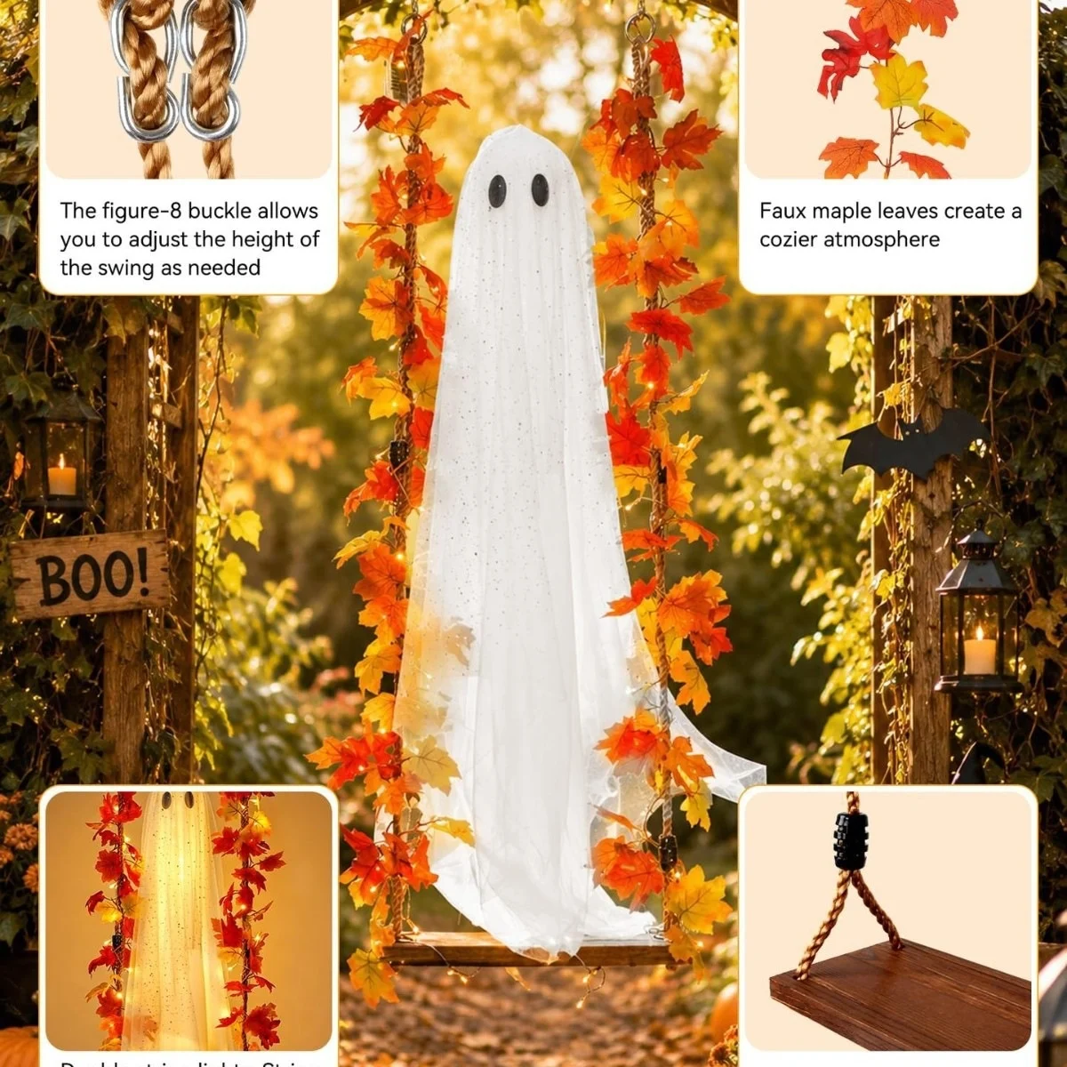 Halloween Indoor And Outdoor Large Hanging Maple-leaf Swing Ghost Decoration — image 4