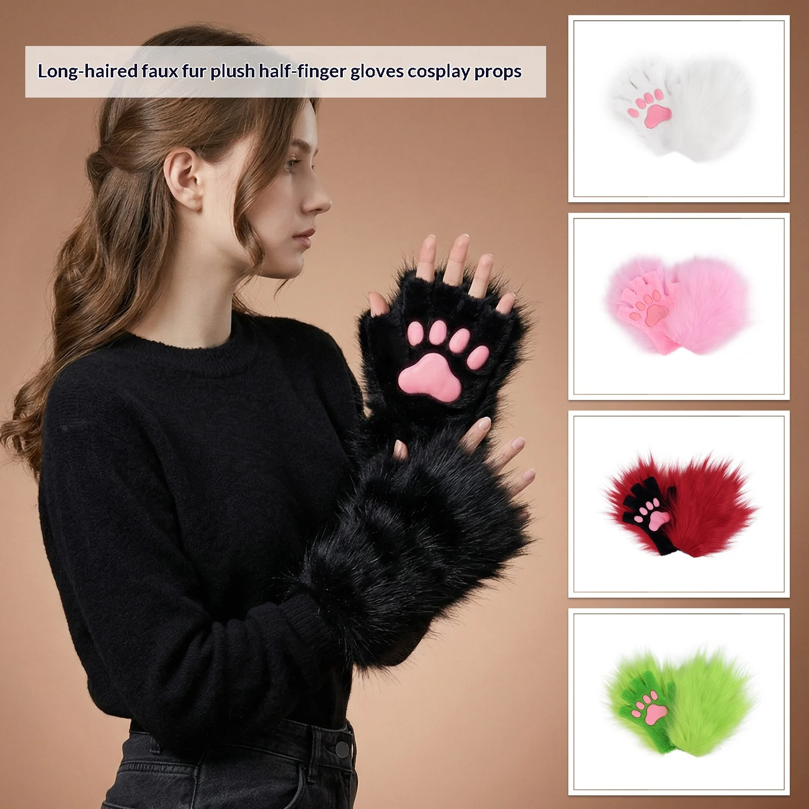 Halloween Long-plush Cat-claw Full-finger And Half-finger Gloves — image 15