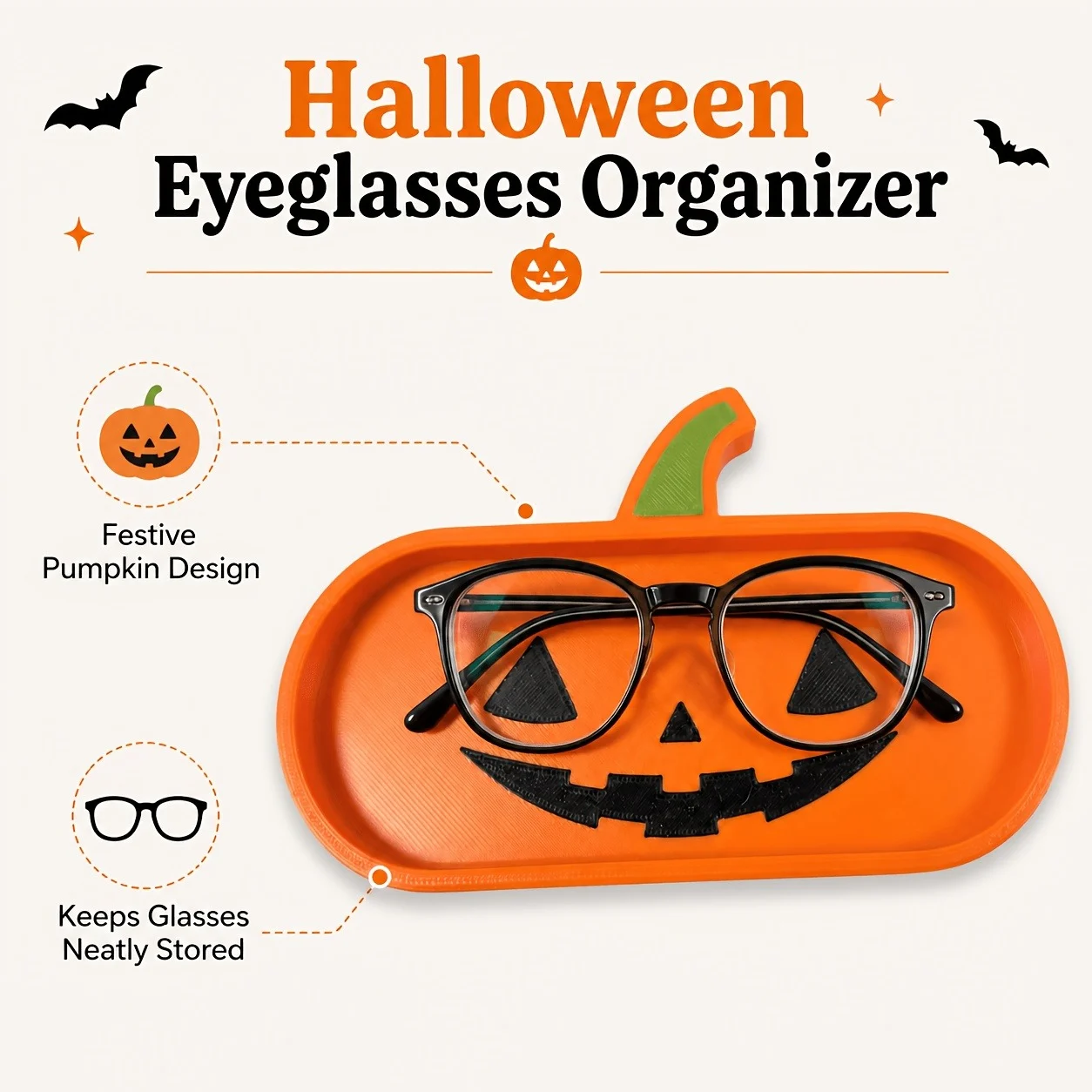 Halloween Pumpkin Eyeglasses Holder Tray, 3D Printed Jack O Lantern Glasses Organizer,… — image 6