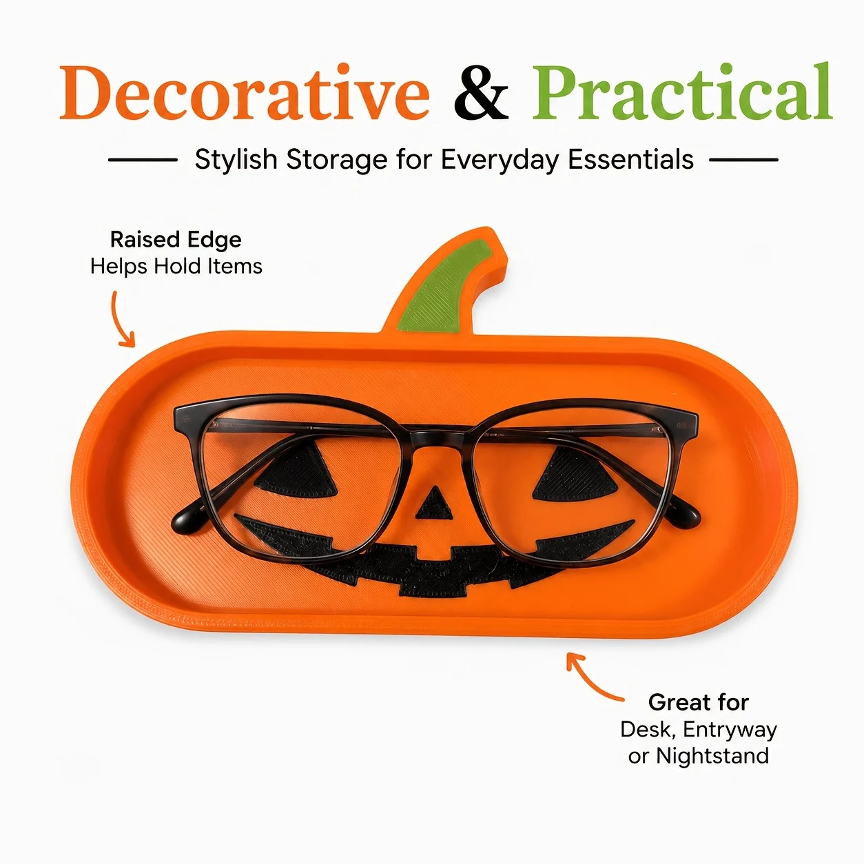Halloween Pumpkin Eyeglasses Holder Tray, 3D Printed Jack O Lantern Glasses Organizer,… — image 3