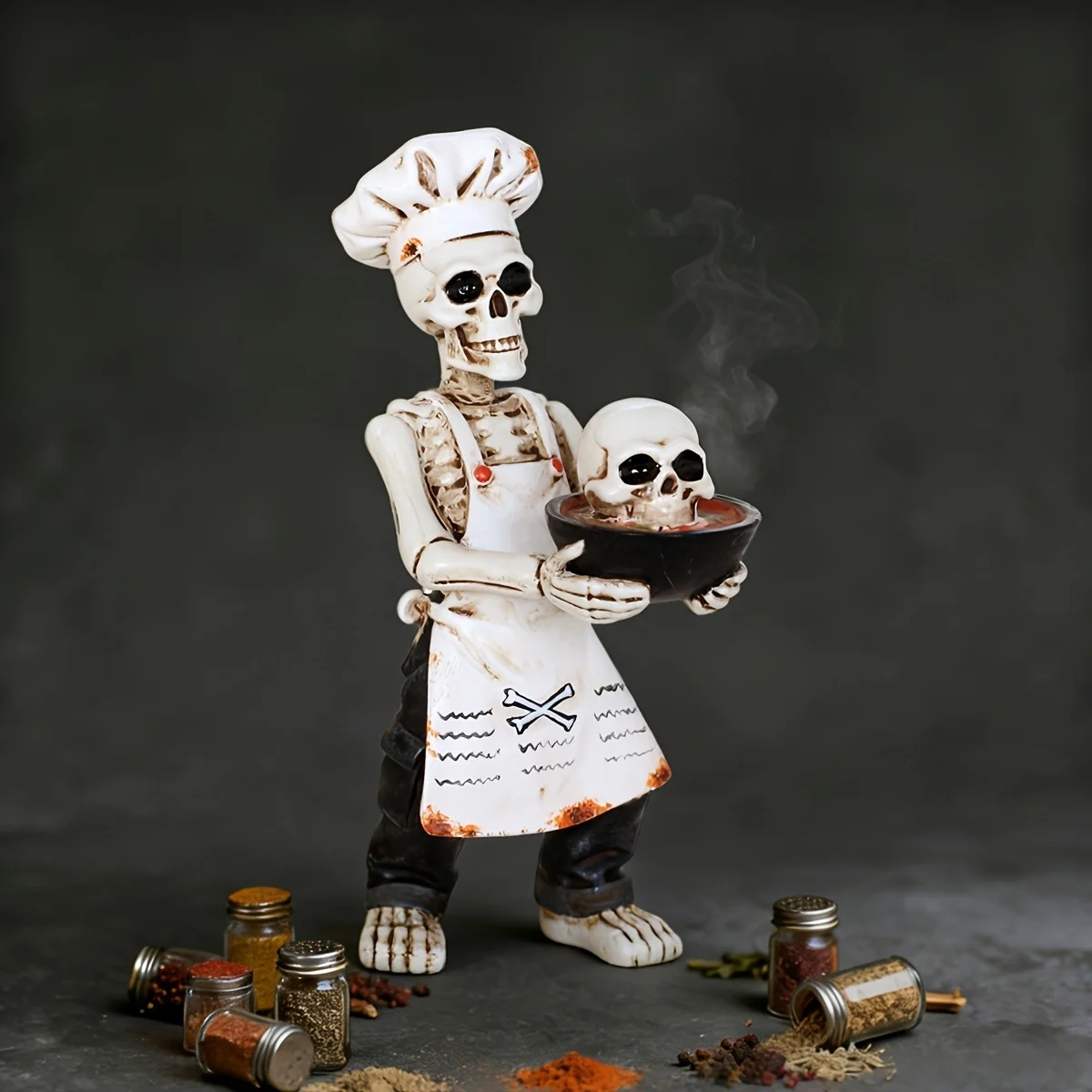 Halloween Skeleton Chef Figurine, Funny Skull Cook Statue With Mini Bowl, Gothic… — image 3