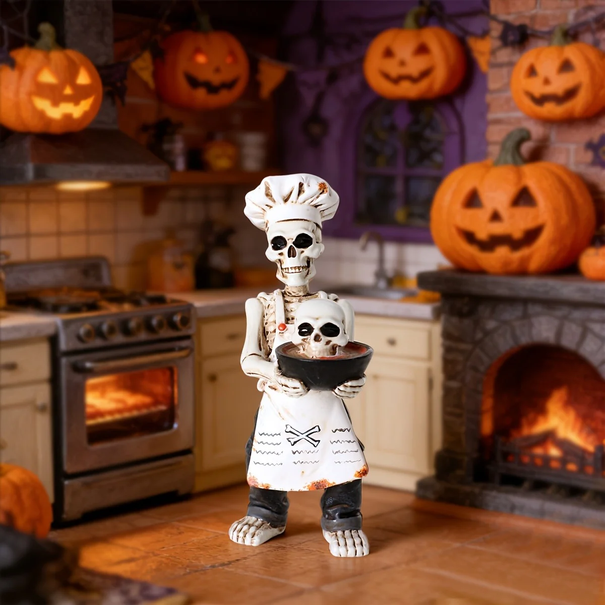 Halloween Skeleton Chef Figurine, Funny Skull Cook Statue With Mini Bowl, Gothic… — image 6