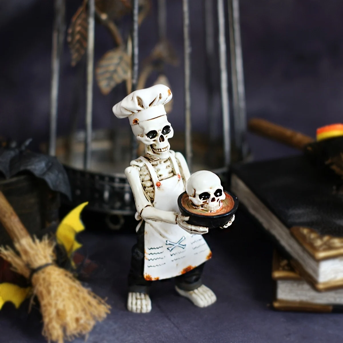 Halloween Skeleton Chef Figurine, Funny Skull Cook Statue With Mini Bowl, Gothic… — image 5