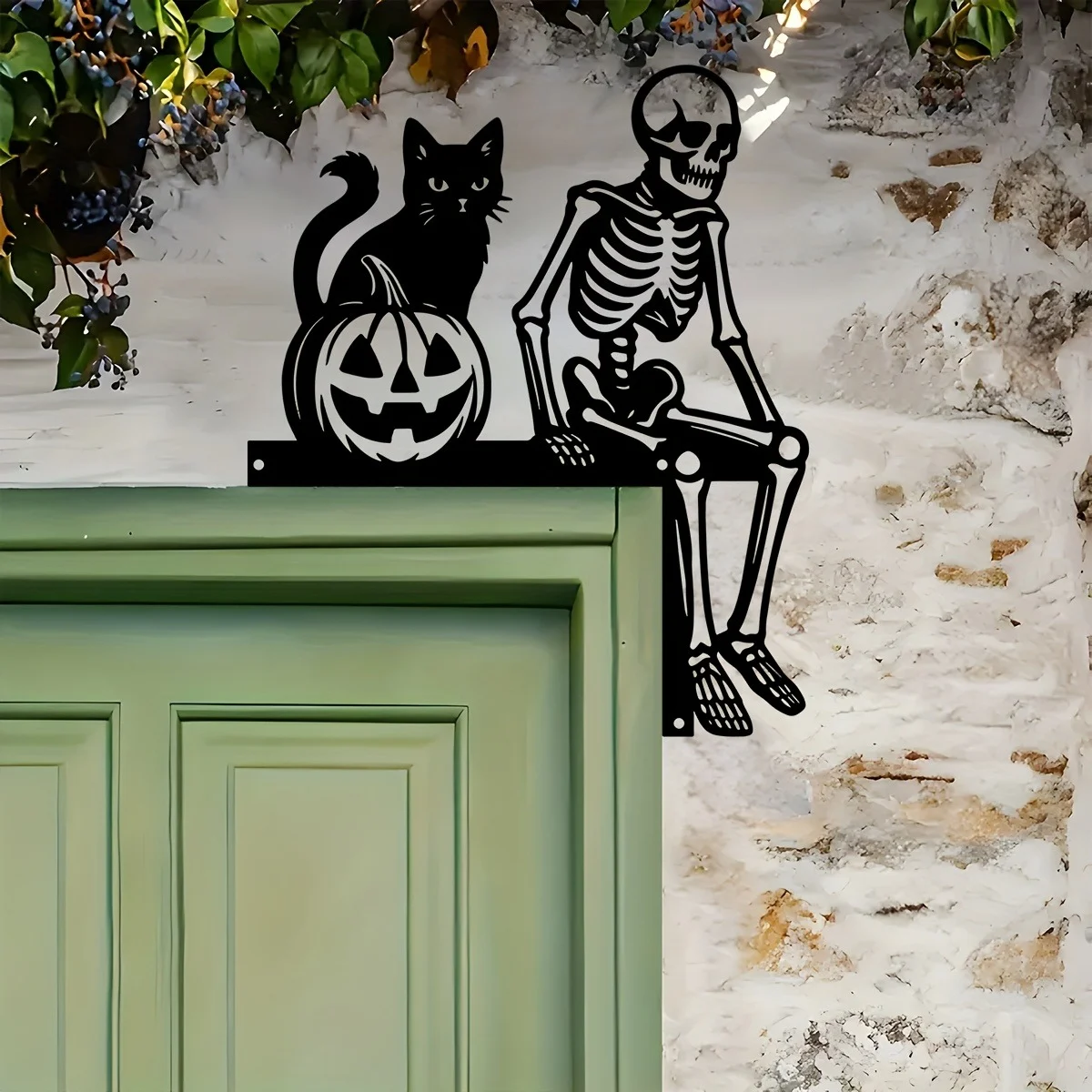 Halloween Skeleton Door Topper Decoration, Spooky Skull Cat Pumpkin Frame Decor,… — image 4