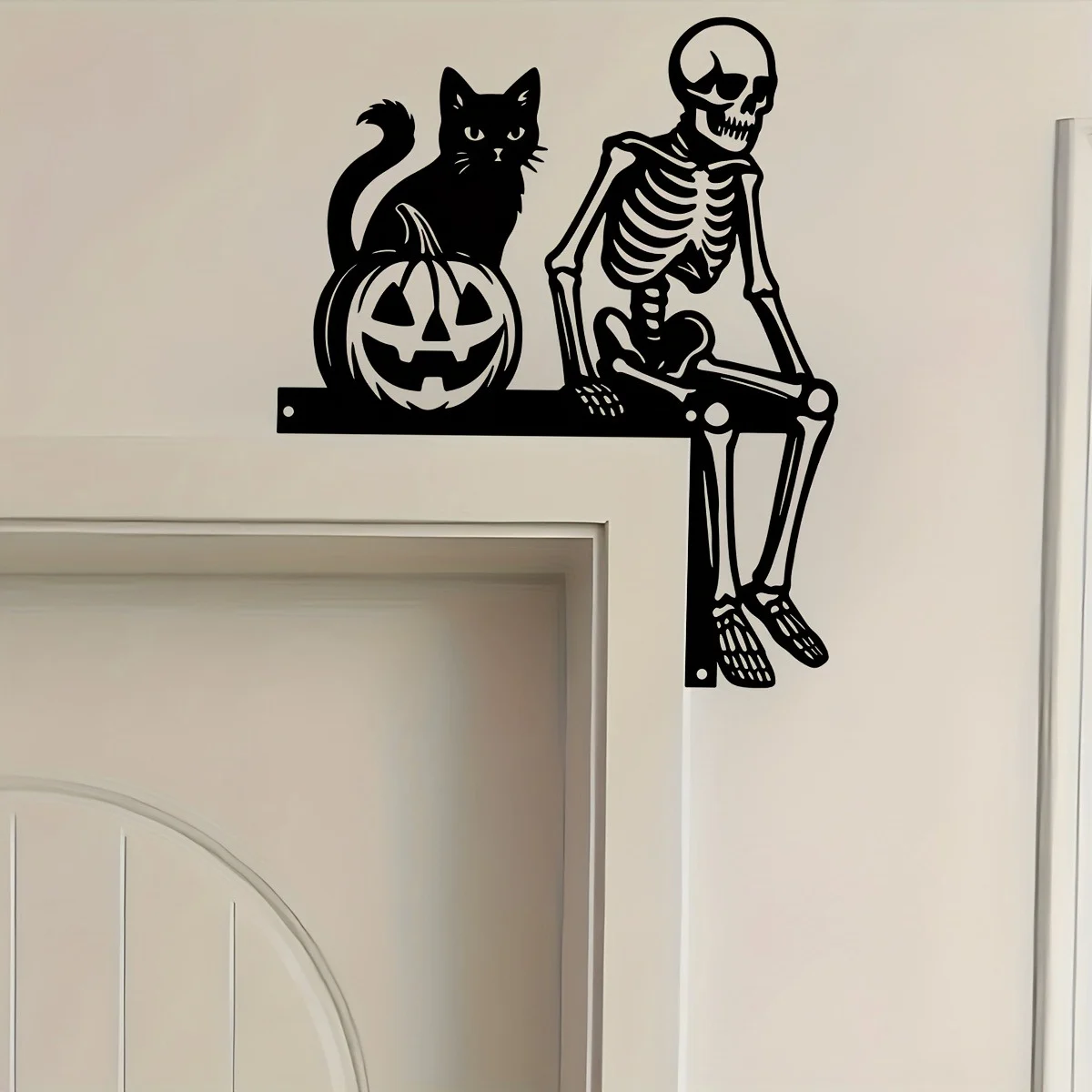 Halloween Skeleton Door Topper Decoration, Spooky Skull Cat Pumpkin Frame Decor,… — image 2