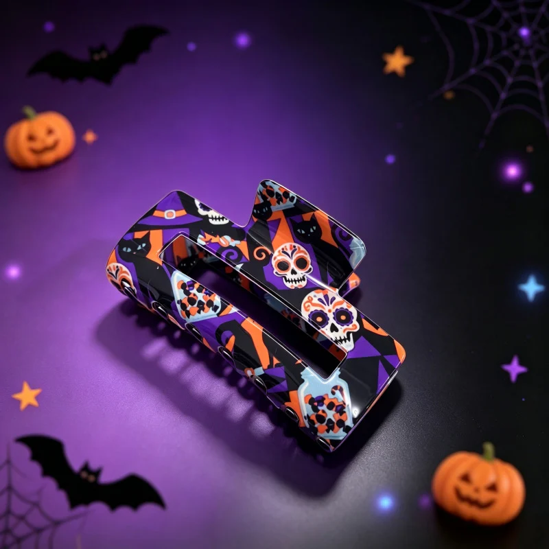 Halloween-themed Hair Clip Square With Skull And Black Cat Print — image 10