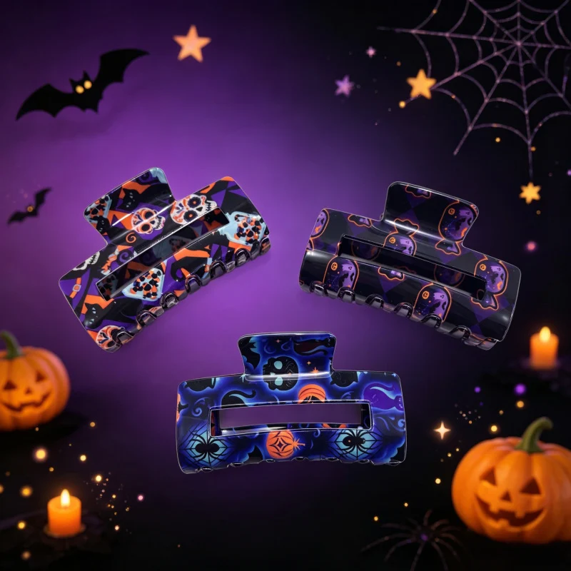 Halloween-themed Hair Clip Square With Skull And Black Cat Print — image 3
