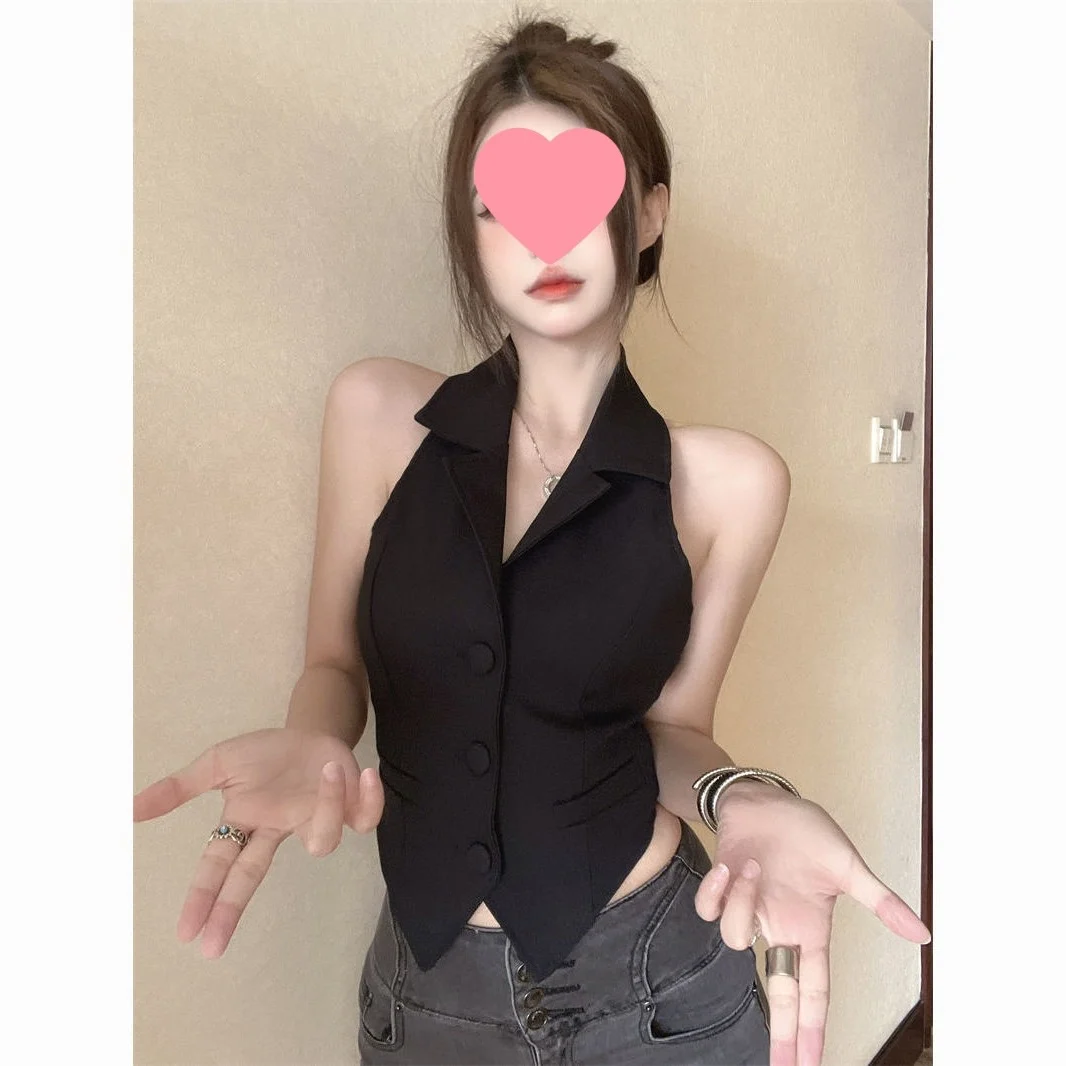 Halter Neck Backless Short Blazer Vest - Women's Sleeveless Tailored Crop Top For… — image 3