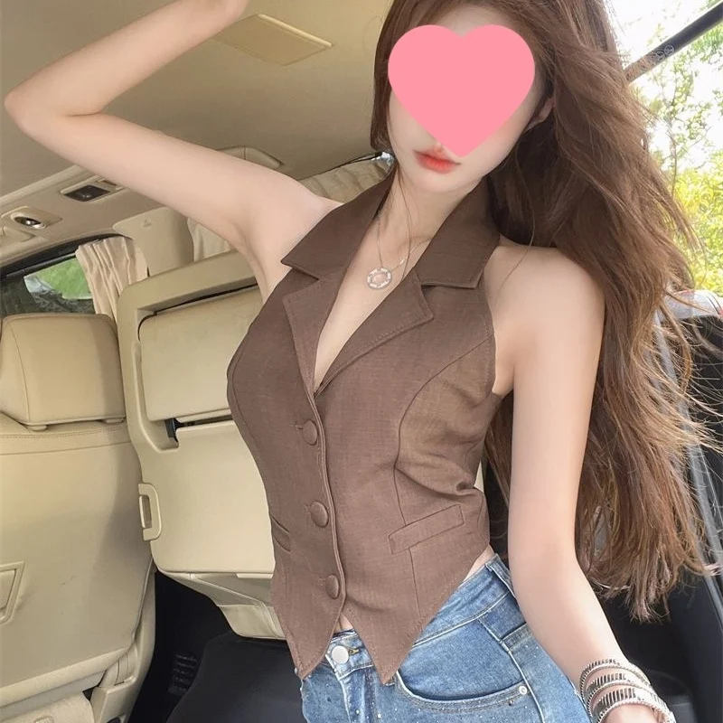Halter Neck Backless Short Blazer Vest - Women's Sleeveless Tailored Crop Top For… — image 2