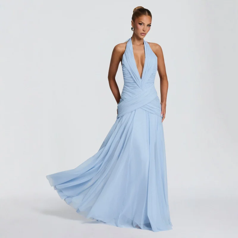 Halter-neck Pleated Chiffon Evening Dress For Women — image 2