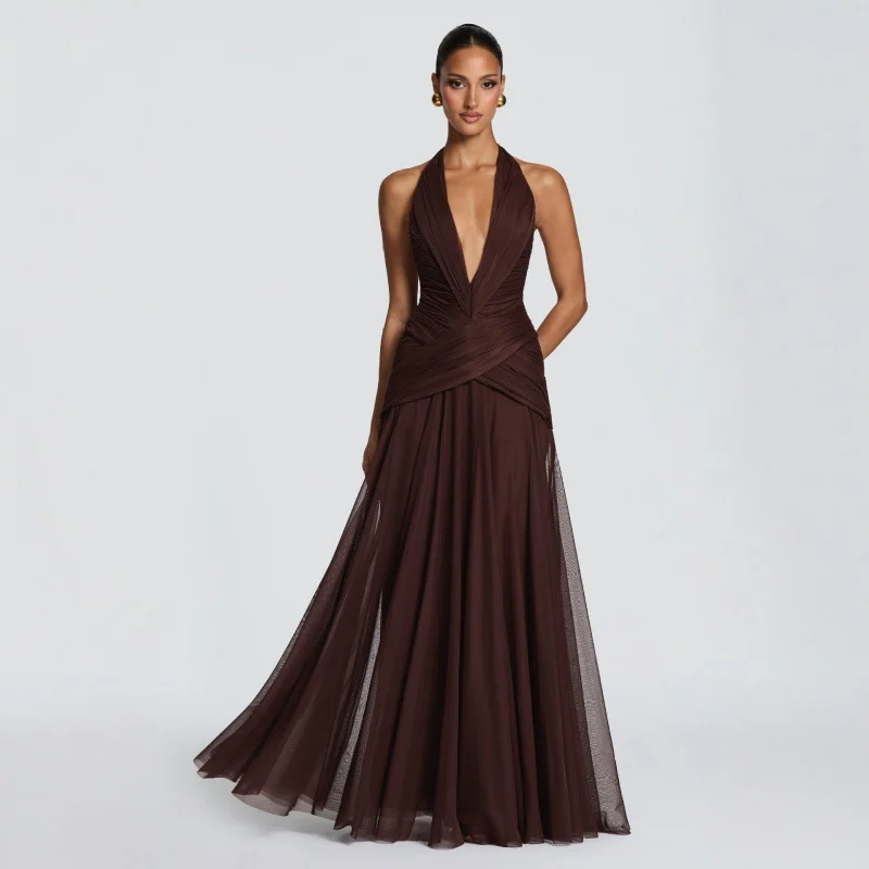 Halter-neck Pleated Chiffon Evening Dress For Women — image 5