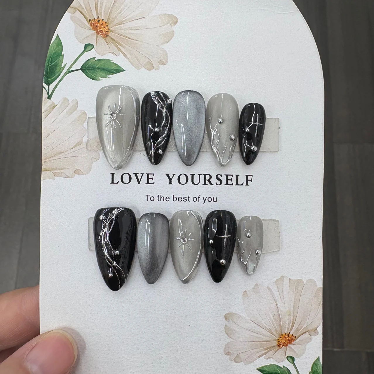 Handmade Wearable Nails Almond Shape Silver Stars And Crescents Dark Black — image 4