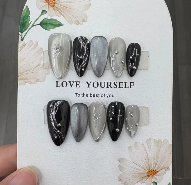 Handmade Wearable Nails Almond Shape Silver Stars And Crescents Dark Black — image 3