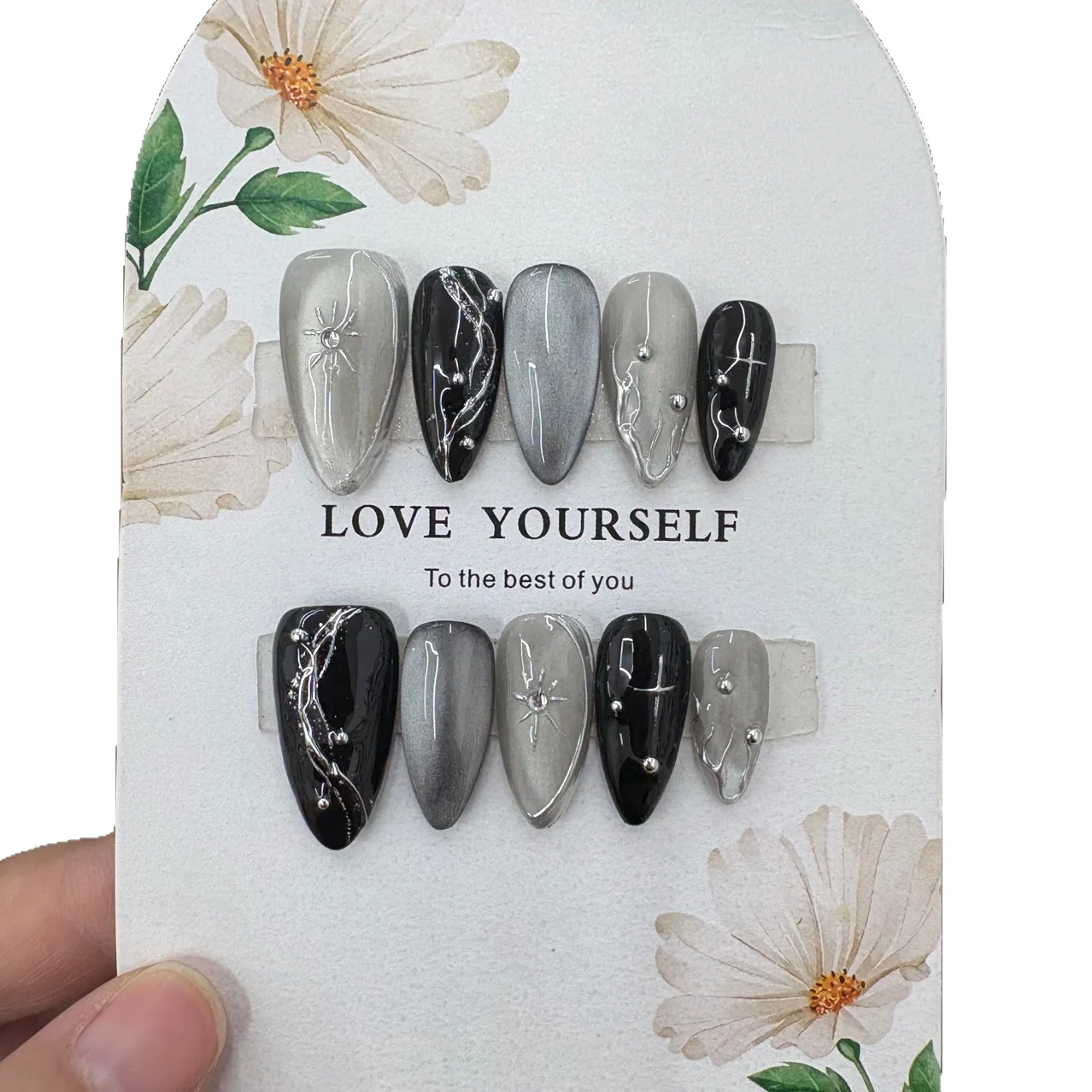 Handmade Wearable Nails Almond Shape Silver Stars And Crescents Dark Black — image 5