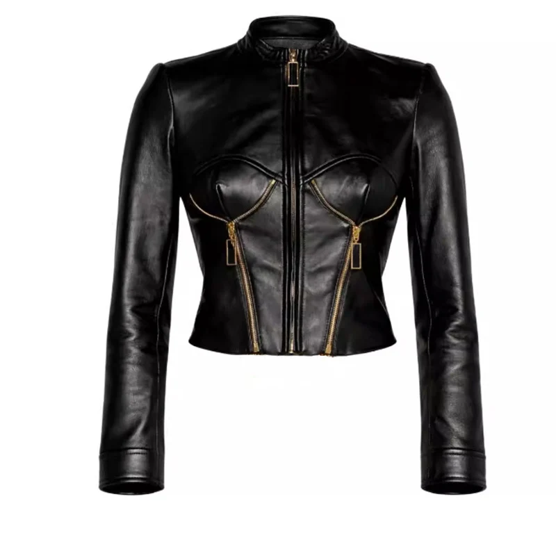 Heavy-duty PU Leather Moto-style Cropped Jacket With A Stand Collar And Zip Front — image 4