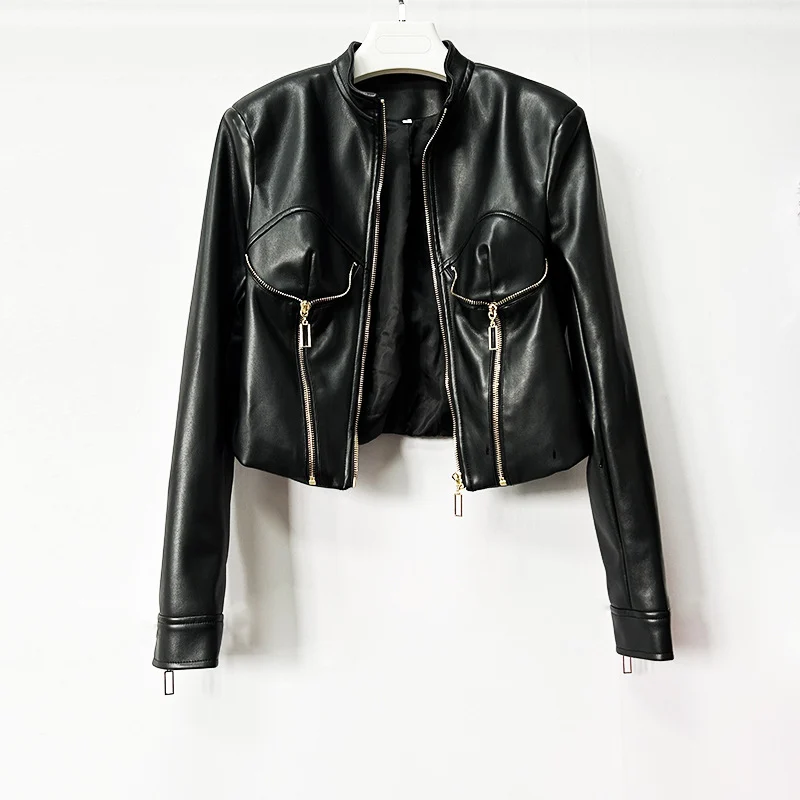 Heavy-duty PU Leather Moto-style Cropped Jacket With A Stand Collar And Zip Front — image 5
