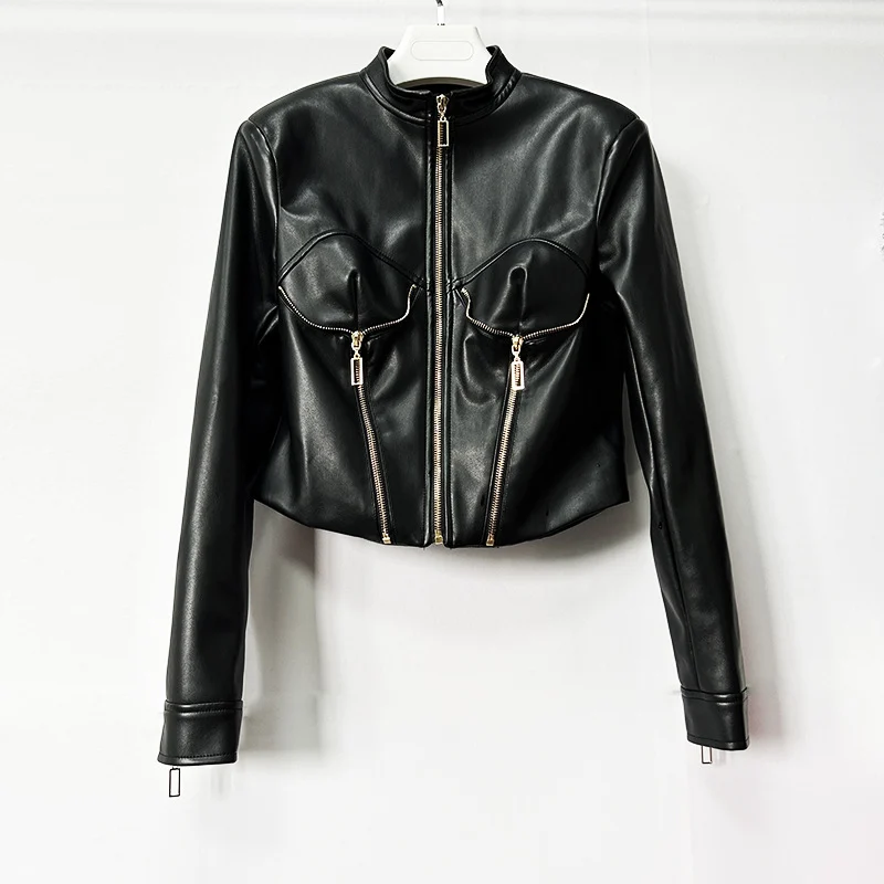 Heavy-duty PU Leather Moto-style Cropped Jacket With A Stand Collar And Zip Front — image 2