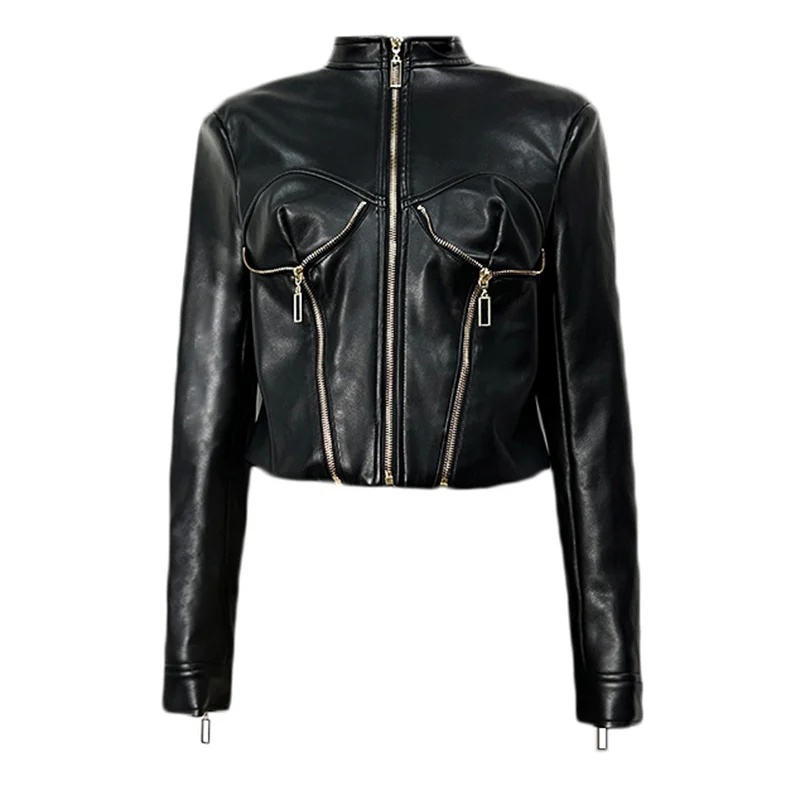 Heavy-duty PU Leather Moto-style Cropped Jacket With A Stand Collar And Zip Front — image 3