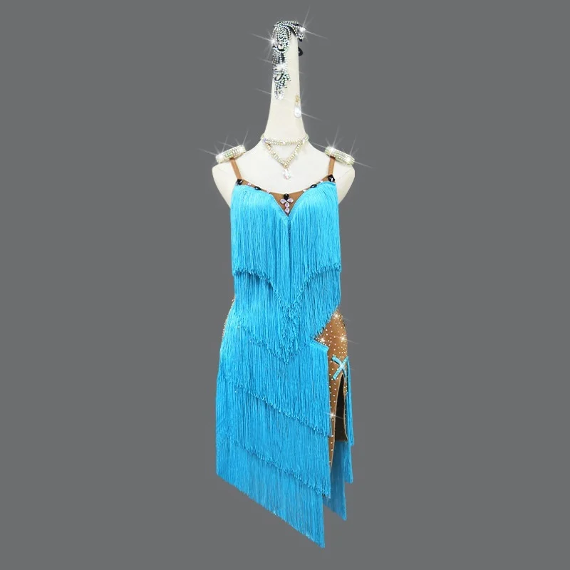High-end Fringed Dress For Professional Latin Dance Competitions In Blue — image 1