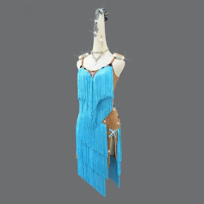 High-end Fringed Dress For Professional Latin Dance Competitions In Blue — image 3