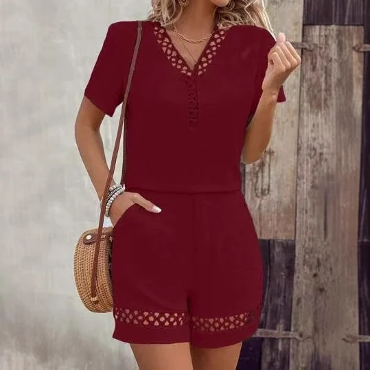 Hot-selling Europe And America Style V-neck Patchwork Short Sleeve Solid Color Shorts… — image 4