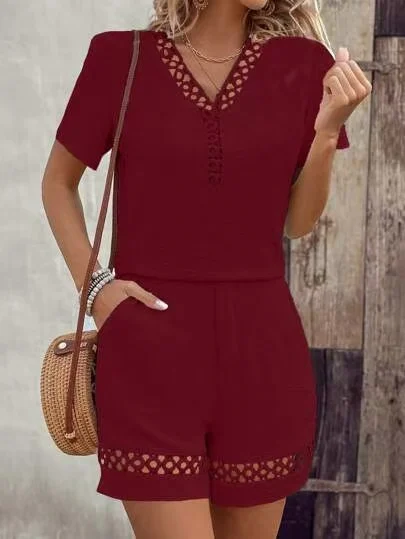 Hot-selling Europe And America Style V-neck Patchwork Short Sleeve Solid Color Shorts… — image 6