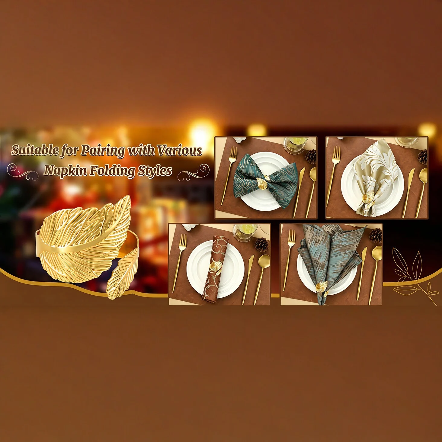 Hotel Table Setting Golden Leaf Metal Napkin Ring — image 4