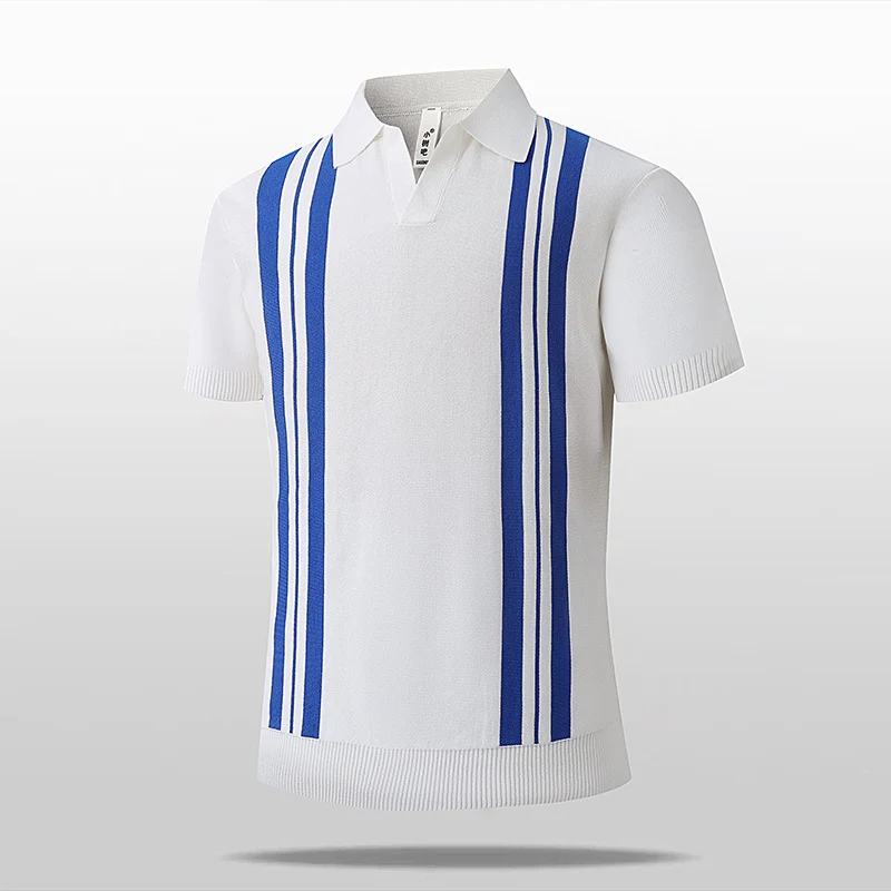 Icy-cool Striped Knitted Short-sleeve Mens Top — image 5