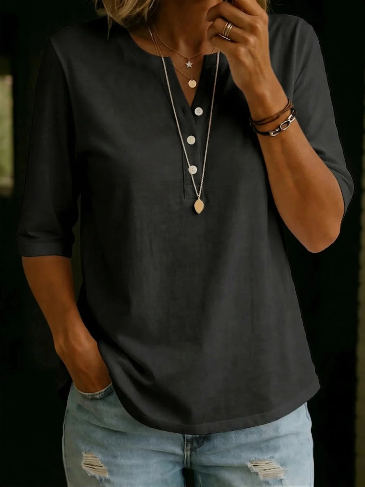 In Europe And The U.s Women's V Neck Button Down Short Sleeve Solid Color Casual… — image 5