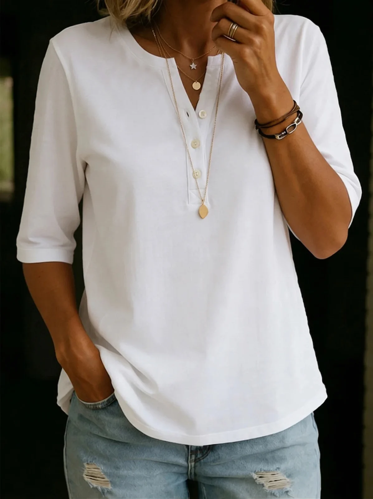 In Europe And The U.s Women's V Neck Button Down Short Sleeve Solid Color Casual… — image 4