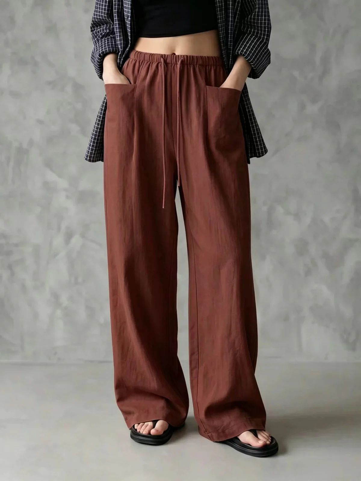 Independent Site New Women's Solid Color Wide-leg High-waisted Loose Drawstring Casual… — image 7