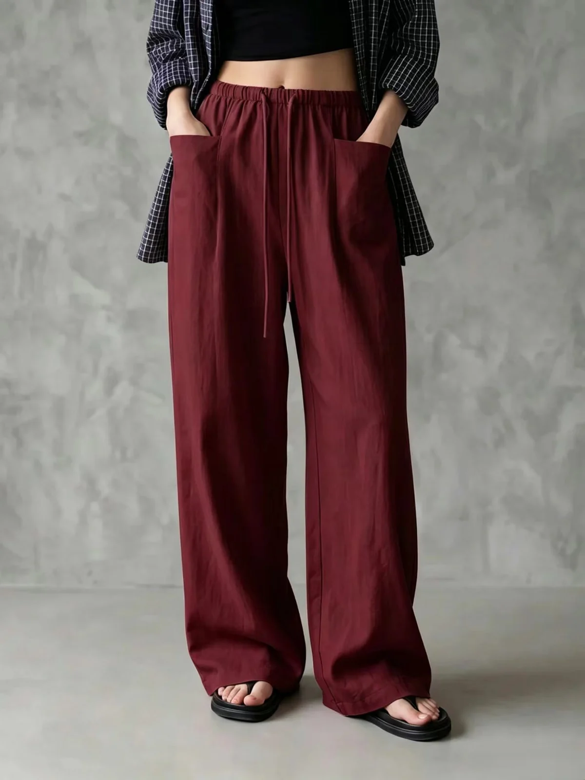 Independent Site New Women's Solid Color Wide-leg High-waisted Loose Drawstring Casual… — image 9