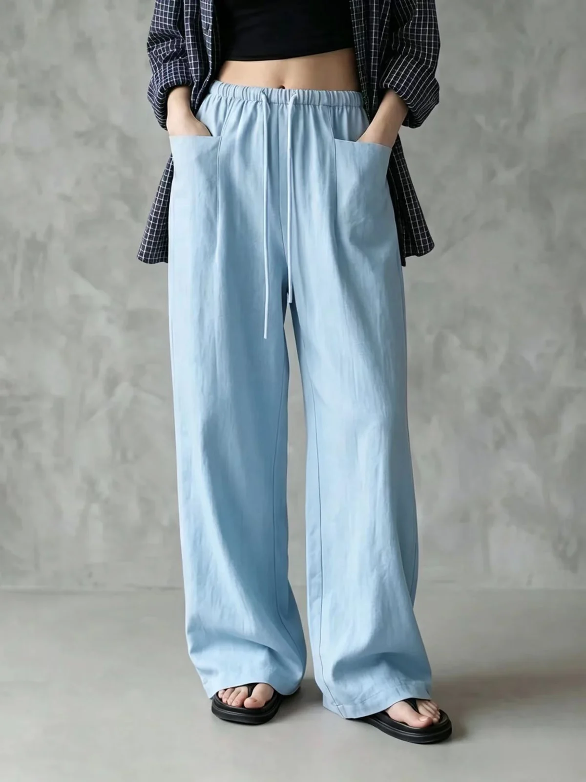 Independent Site New Women's Solid Color Wide-leg High-waisted Loose Drawstring Casual… — image 6