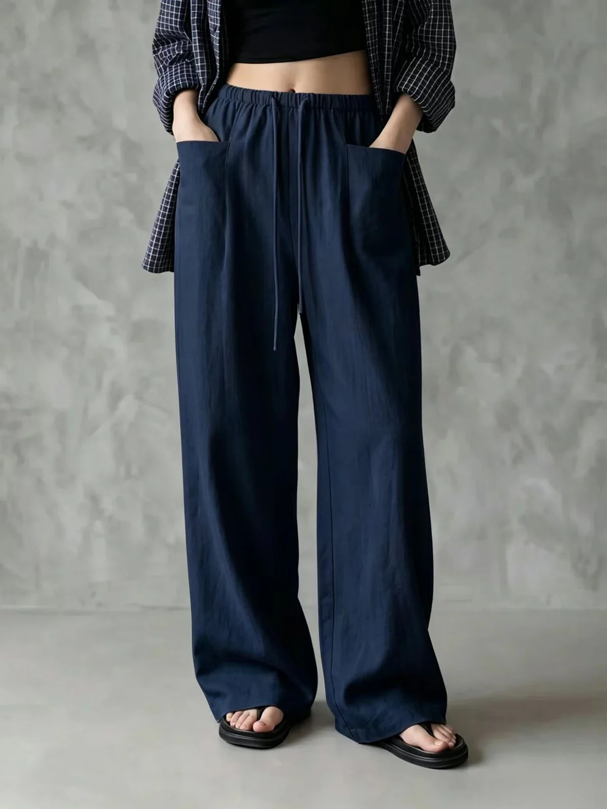 Independent Site New Women's Solid Color Wide-leg High-waisted Loose Drawstring Casual… — image 5