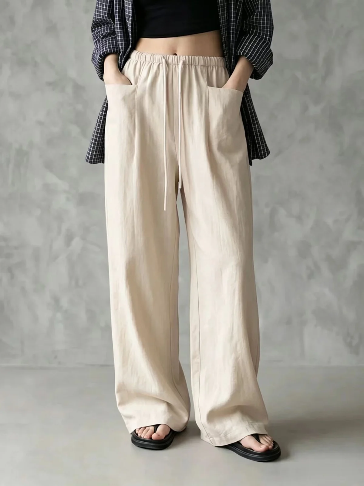 Independent Site New Women's Solid Color Wide-leg High-waisted Loose Drawstring Casual… — image 1