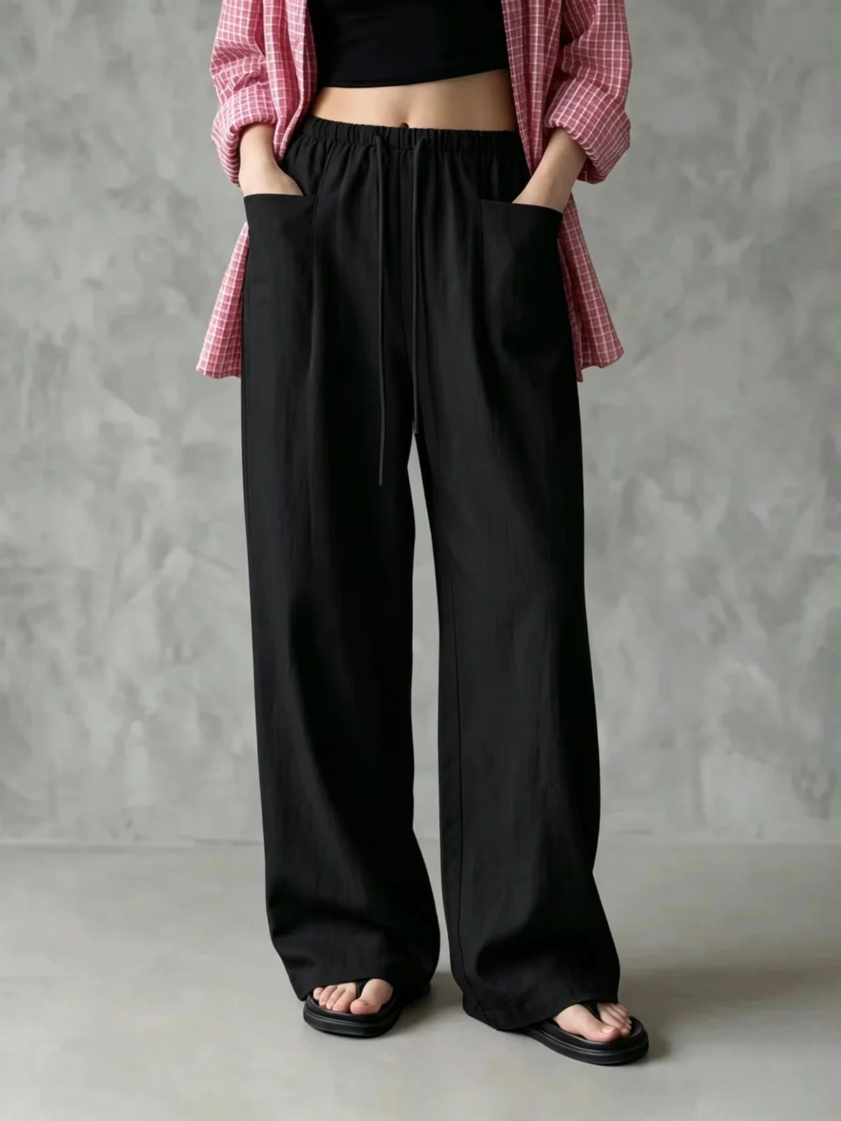 Independent Site New Women's Solid Color Wide-leg High-waisted Loose Drawstring Casual… — image 4