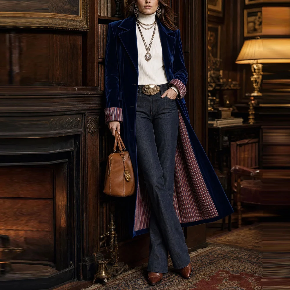 Independent Station New Autumn And Winter Contrast Color Lace Velvet Suit Long Coat… — image 3