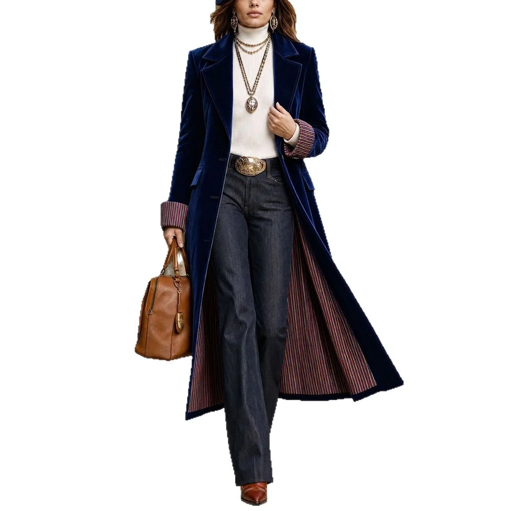 Independent Station New Autumn And Winter Contrast Color Lace Velvet Suit Long Coat… — image 2